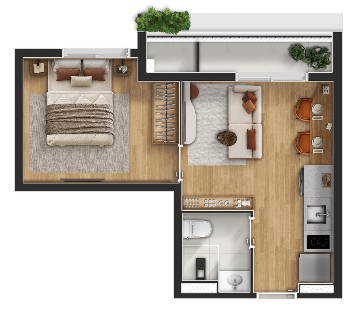 Planta de 1 dormitório com 33,48 metros quadrados