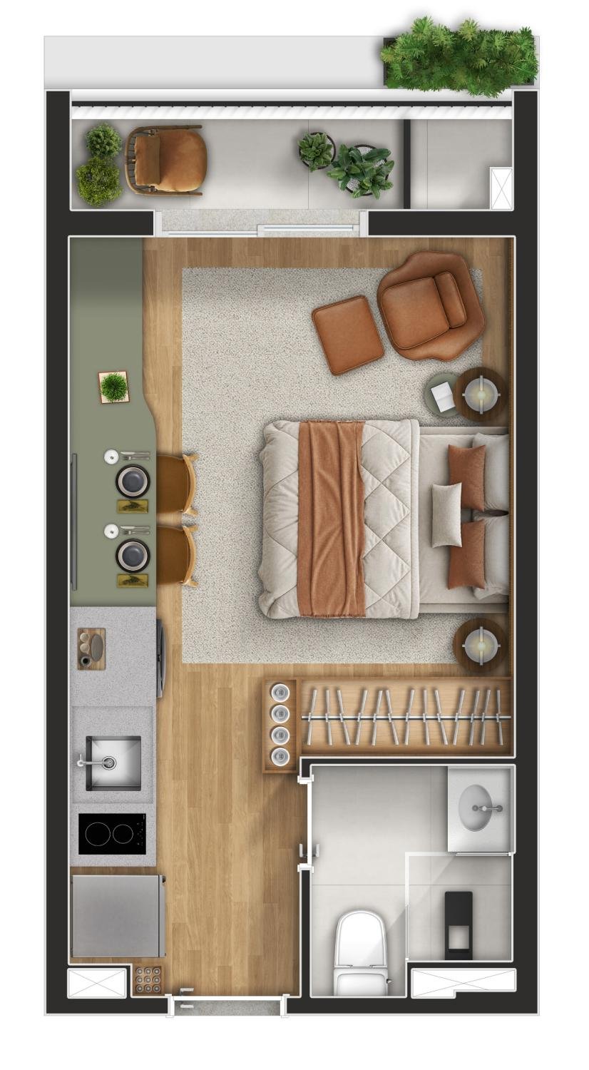 Planta de studio com 25,20 metros quadrados